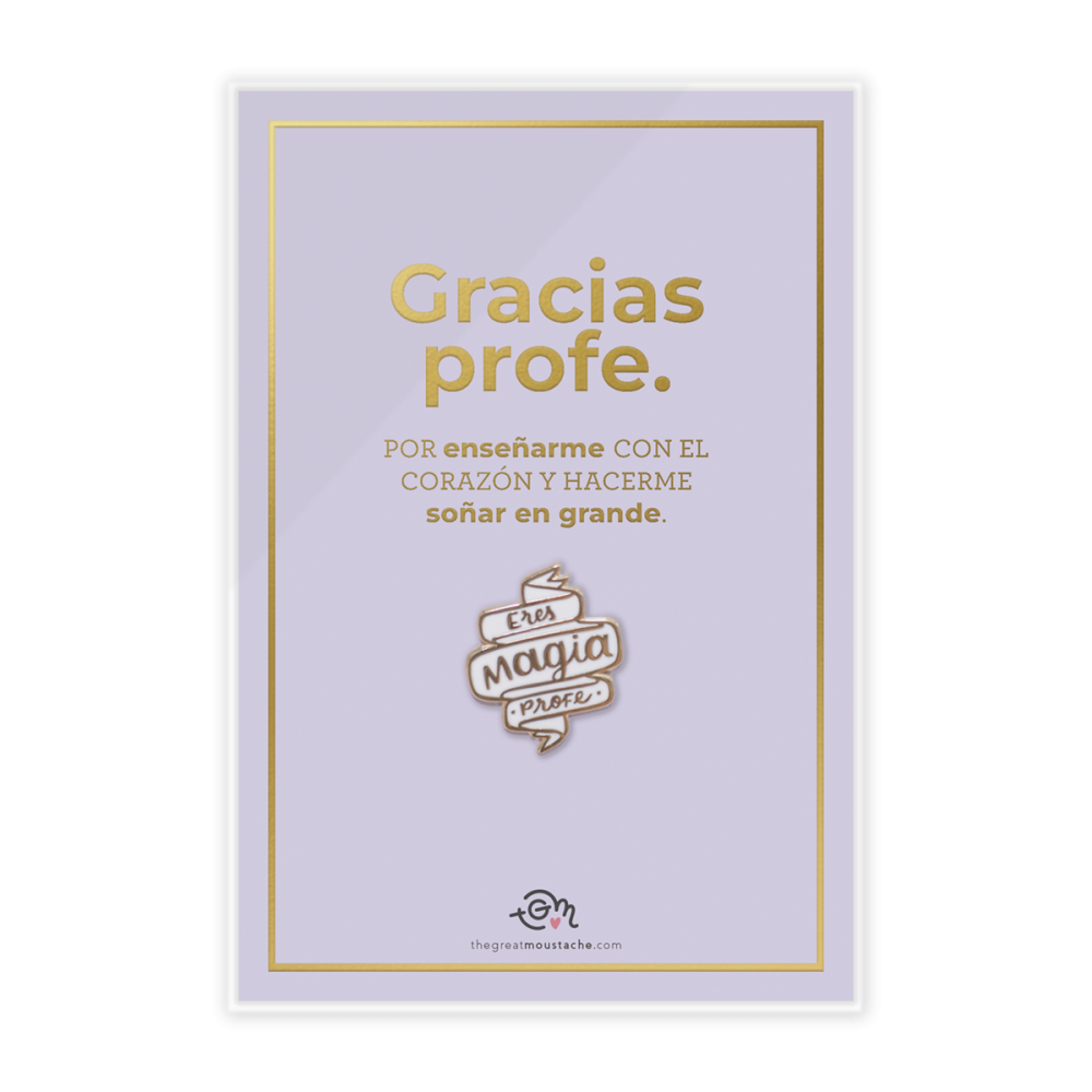 TARJETA STAMPING DORADO + PIN "ERES MAGIA PROFE"